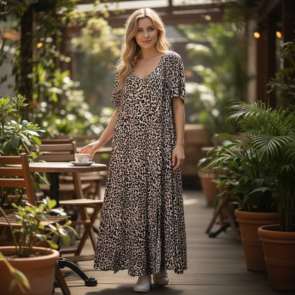 ASOS Design Leopard Print Maxi Dress Short Sleeve Scoop Back Tan Black Safari 10